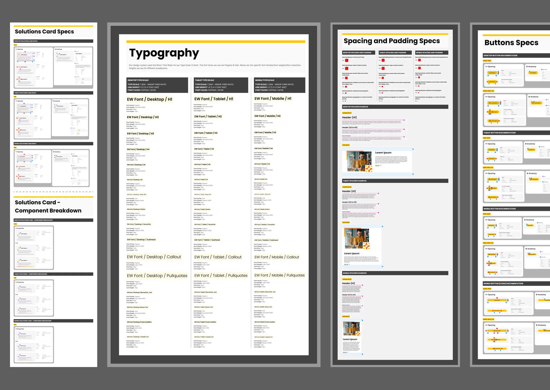 Pages from the Brightspeed design system side by side: the Solutions Card spec sheet, typography, spacing, buttons and color