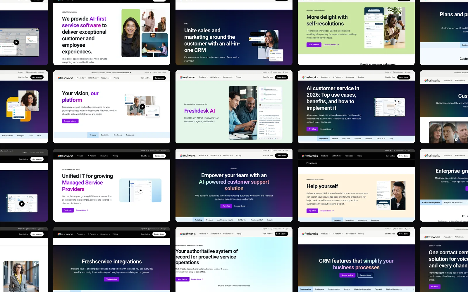 Twenty freshworks.com pages laid out as small thumbnails: product, pricing and platform pages, all on the same component library